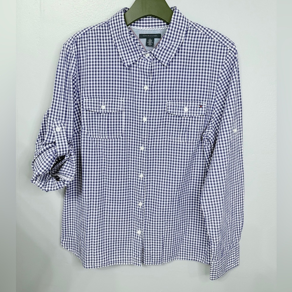 #12)  Tommy Hilfiger Navy and White Plaid Shirt with roll up sleeve